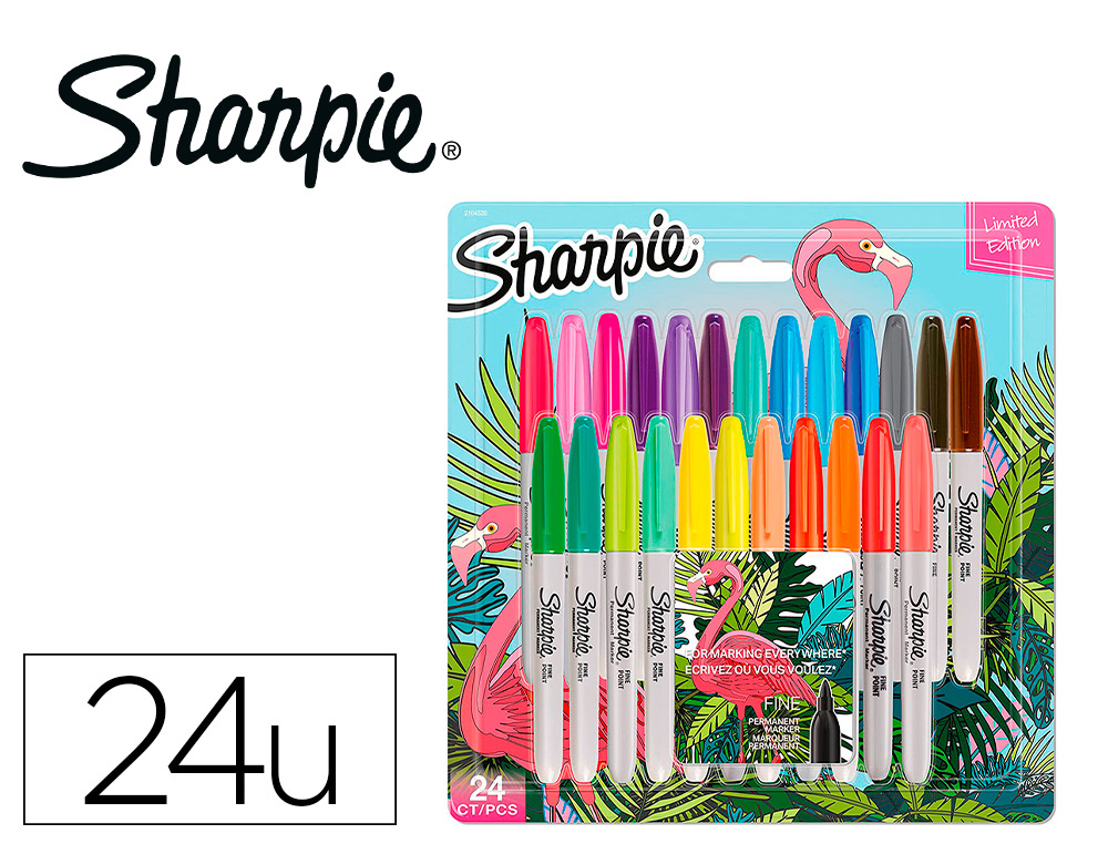 MARQUEUR PERMANENT SHARPIE POINTE FINE BLISTER FLAMINGO  24 COLORIS