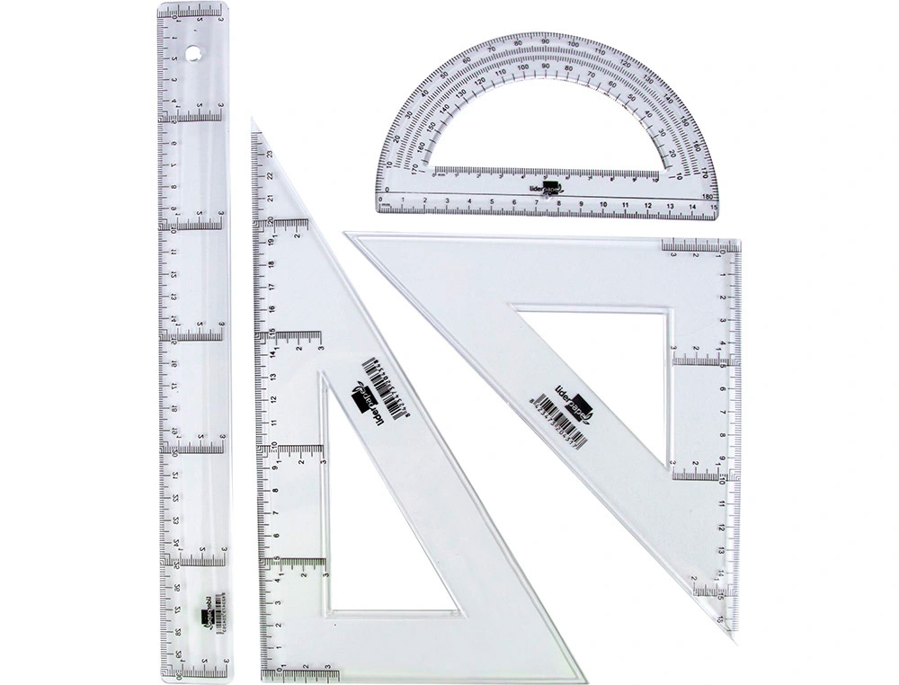SET TRAAGE LIDERPAPEL 4 PICES RGLE 30CM QUERRES 45/60 DEGRS 25CM RAPPORTEUR 180 DEGRS 15CM TRANSPARENT