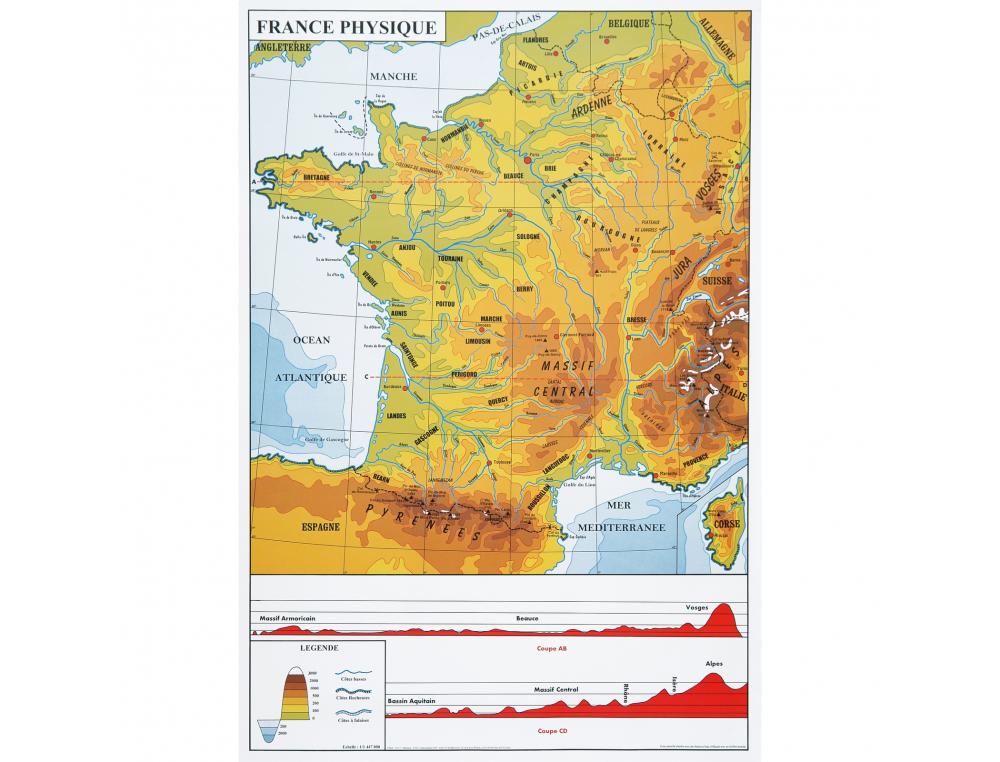 CARTE DE FRANCE MURALE ULMANN RECTO VERSO PLASTIFIEE 1 FACE PHYSIQUE ET 1 FACE            ADMINISTRATIVE  94X89CM