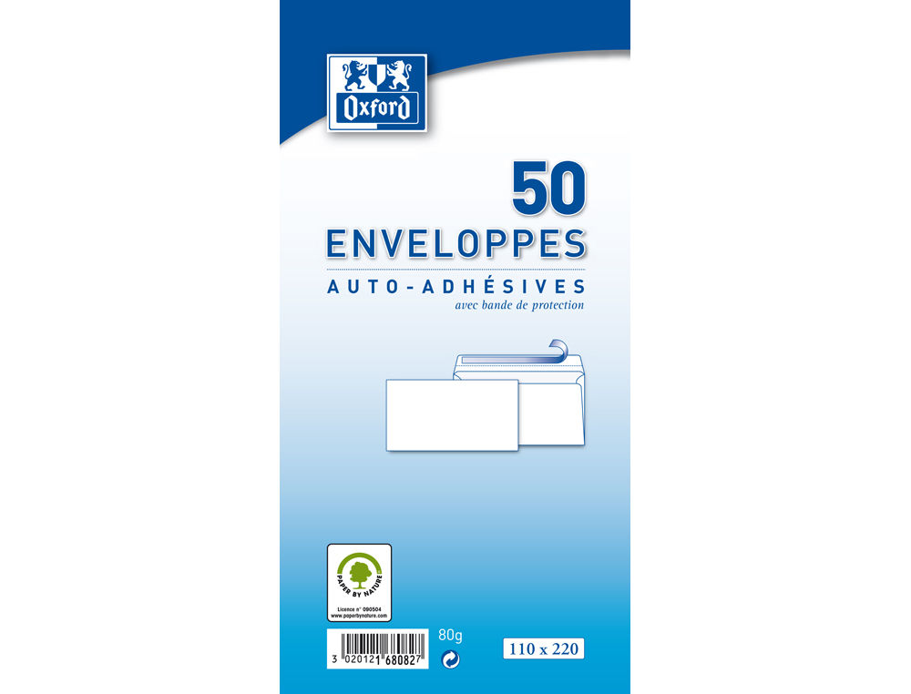ENVELOPPES BLANCHES OXFORD RECYCLE AUTO ADHESIVES AVEC   BANDE DE PROTECTION 80 G      110X220 MM 50 UNITES