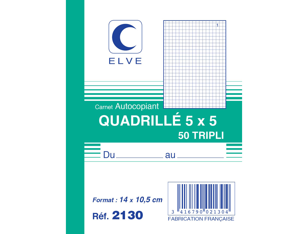 MANIFOLD AUTOCOPIANT ELVE 105X148MM QUADRILL 5X5 FOLIOTAGE 50 TRIPLIS