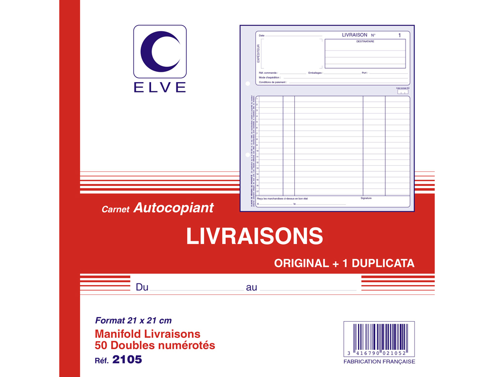 MANIFOLD ELVE AUTOCOPIANT 210X210MM FOLIOTAGE 50 DUPLIS LIVRAISONS