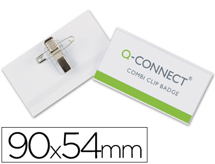 BADGE Q-CONNECT COMBI PINCES/ PINGLES CARTE VISITE PVC RIGIDE TRANSPARENT 54X90MM BOTE 50U