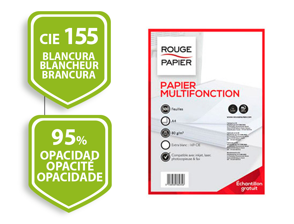 PAPIER ROUGE PAPIER MULTIFONCTION A4 80G/M2 EXTRA BLANC BLANCHEUR 163 OPACIT 92 RIGIDIT 121 500 FEUILLES PEFC