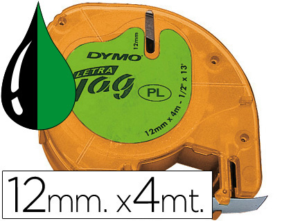 RUBAN TITREUSE DYMO LETRATAG SUPPORT PLASTIQUE 12MMX4M COLORIS IMPRESSION NOIR/VERT