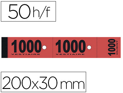 BLOC VESTIAIRE PIQU ELVE 3 COUPONS PERFORS DTACHABLES NUMROTS 1/1000 30X200MM 50 FEUILLETS COLORIS ROUGE