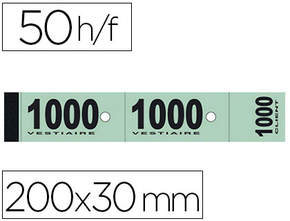BLOC VESTIAIRE PIQU ELVE 3 COUPONS PERFORS DTACHABLES NUMROTS 1/1000 30X200MM 50 FEUILLETS COLORIS VERT