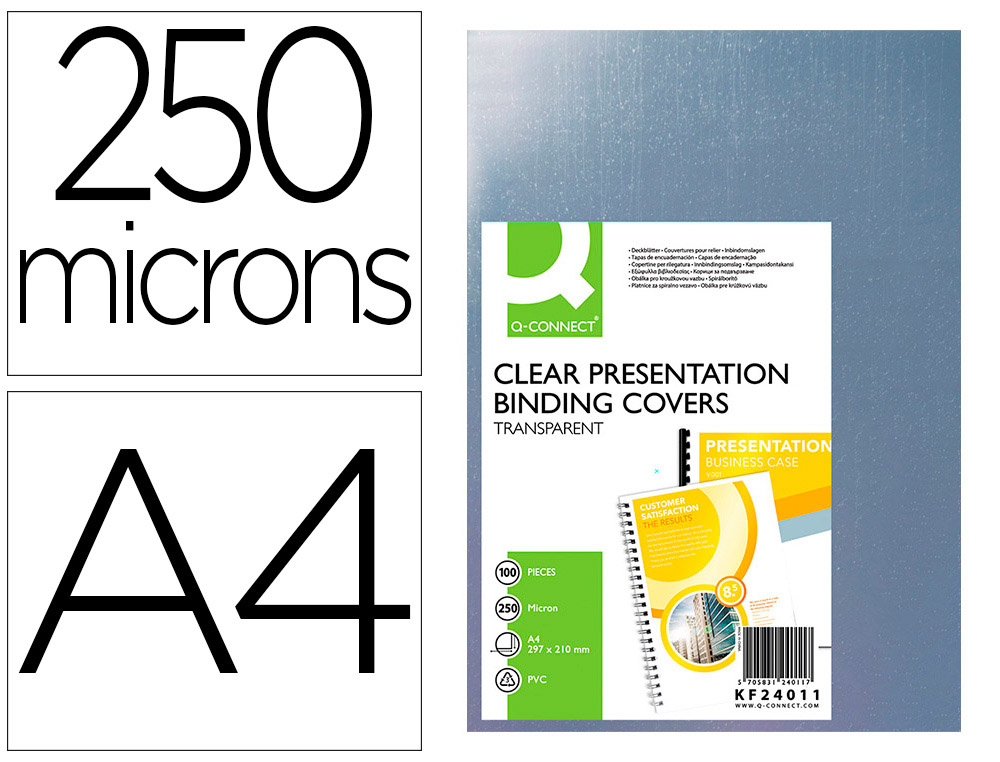 PLAT COUVERTURE Q-CONNECT PVC 250 MICRONS A4 RELIEURS SPIRALES PEIGNES ANNEAUX INCOLORE PAQUET 100 UNITS