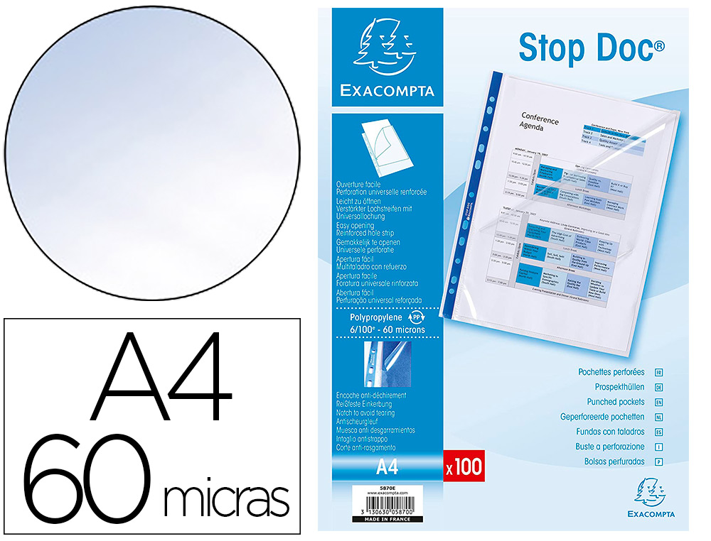 POCHETTE COIN EXACOMPTA STOP DOC PERFORE POLYPROPYLNE LISSE 6/100E A4 CRISTAL INCOLORE TUI CARTON 100 UNITS