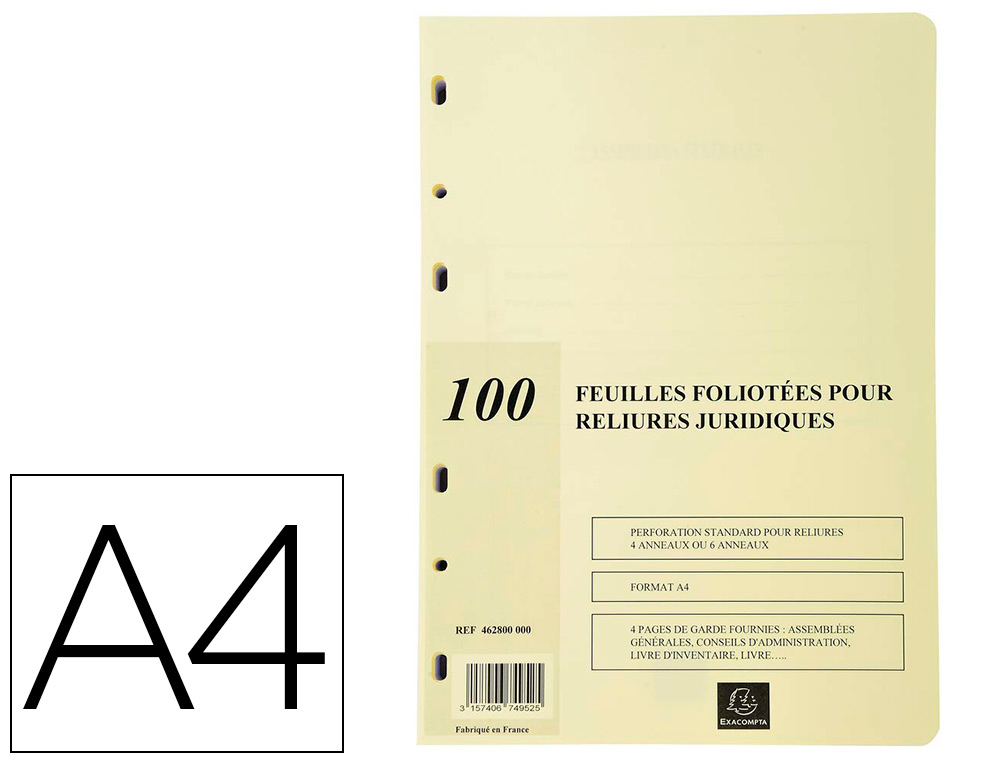 RECHARGE EXACOMPTA POUR RELIURE JURIDIQUES 4 OU 6 ANNEAUX A4 100 FEUILLETS MOBILES FOLIOTS